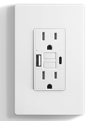 SURAIELEC 15 Amp GFCI Outlet with USB-C & USB-A Ports GFCI Combo USB Outlet 5V/4.8A Total Output Tamper-Resistant Receptacle with USB Ports Screwless Wall Plate ETL Listed White 1-Pack