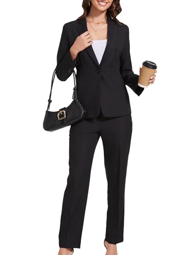 Women's 2 Piece Suit One Button Slim Fit Linen Casual Blazers Office Work Formal Blazer Suit Pants Set Black