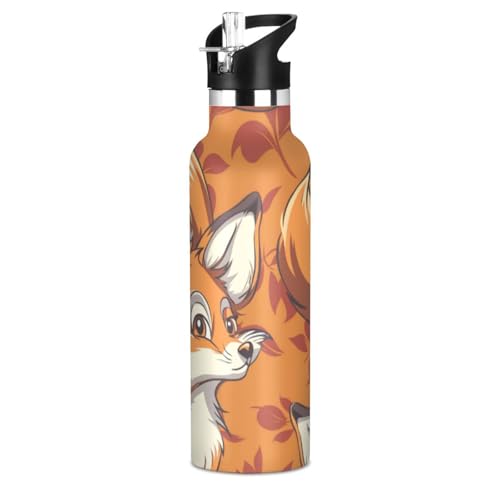 Amooorous Cartoon Fox - Botella de agua para niños a prueba de fugas sin BPA con tapa de pajita, aislamiento de doble pared para viajes y deportes, vasos termicos frio y caliente con tapa para ninos