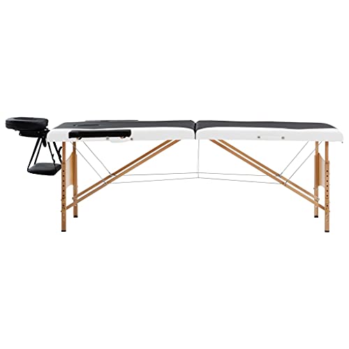 LNJXTVCQ Camilla de masaje plegable de 2 zonas, portátil, con estructura de madera de haya, altura regulable, incluye bolsa de transporte, color blanco y negro