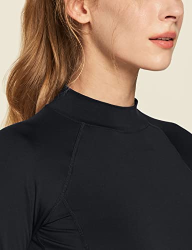 Tsla Women's Thermal Long Sleeve Tops, Mock Turtle & Crew Neck Shirts, Fleece Lined Compression Base Layer, Heat Core Mock Neck 2Pack Black/Black, Small #TOP7