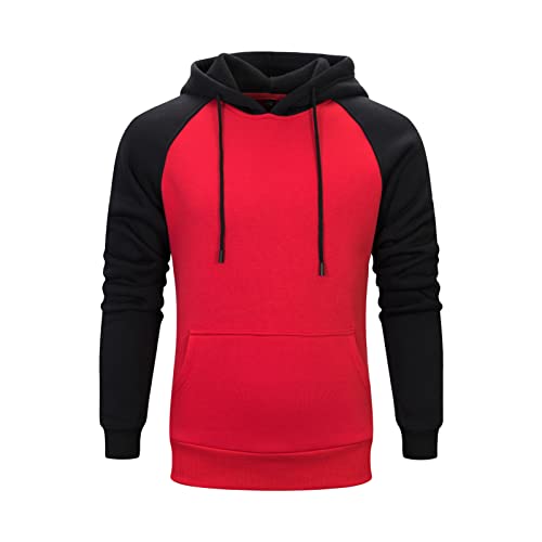 Maiyifu-GJ Men's Fleece Color Block Pullover Hoodies Slim Fit Drawstring Hooded Sweatshirt Casual Long Sleeve Gym Hoodie (Red,Medium)