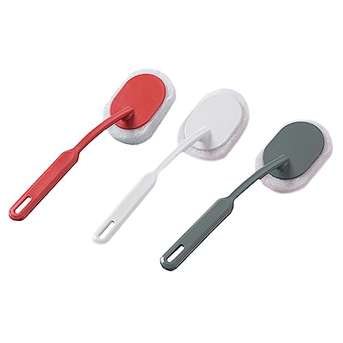 SECFOU Long Handle Sponge Cleaning Brush Set 3pcs, Decontamination and Washing Tool for Bathroom, Bathtub, Tiles, Includes Light Grey, Dark Red, Cream Sponge Heads, Household Cleaning Aid