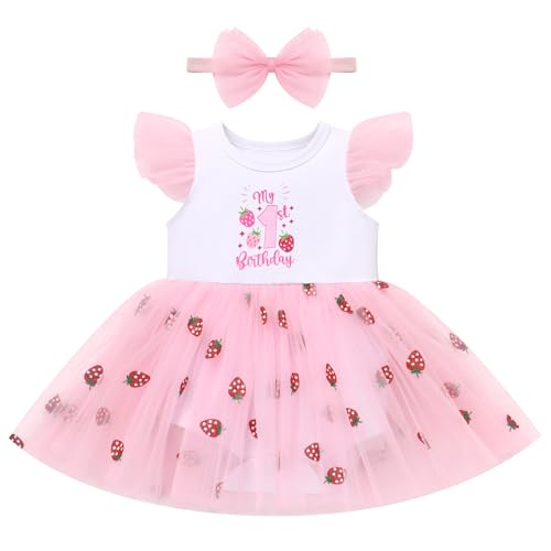 ODASDO Baby Girl First Birthday Cake Smash Outfit Ruffle Sleeve Tulle Tutu Princess Romper Dress with Bowknot Headband