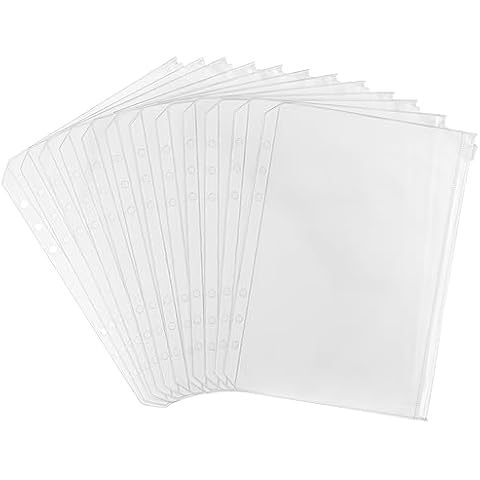 Bidponds 12PCS A5 Binder Pockets,6 Holes Budget Cash Envelopes for Budgeting, Clear Plastic Zipper Pouch for A5 Budget Planner Binder,Money Organizer Cover