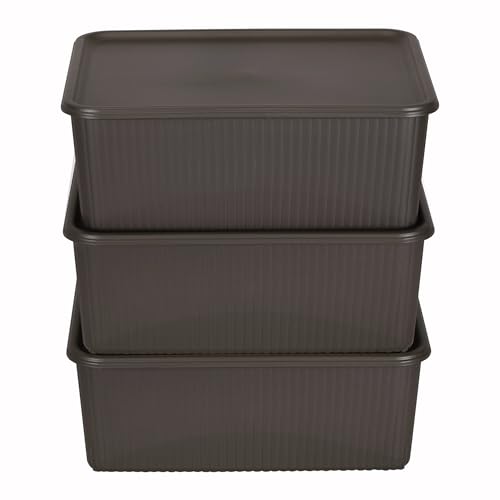 Image of Kolorr Ribbed Baskets Medium Pack of 3 With 3 Standard Lid (Non-Airtight Loose-Fit Cover) Multipurpose Plastic Storage Baskets For Cloths Wardrobe Home Kitchen & Livingroom I Dark Brown