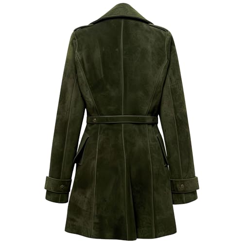 Salaar & Co Women's Olive Green Genuine Suede Double-Breasted Slim-Fit Knee-Length Trench Coat with Belt and Lapel Collar2