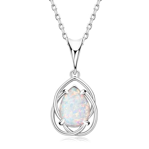 YUNKAI Opal Necklaces for Women Sterling Silver, Pear/Round/Oval Created-Opal Pendants, Dainty Vintage Necklace Fine Jewelry Gift for Birthdays Anniversaries, October Birthstone Pendant