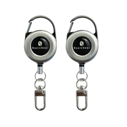 BasicGear Zinger Retractable Keychain, 2 Pack, Brushed Metal, Silver