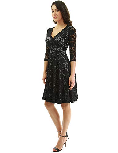 PattyBoutik Women 3/4 Sleeve Lace Overlay Fit and Flare Dress (Black and Gray Large) - Thumbnail 3