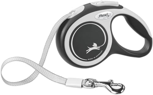 FLEXI® New Comfort Tape Retractable Dog Leash for Large Dogs Upto 110 lbs. – 26 ft., Nylon, Grey/Black| Tangle Free Pet Walking Leash with One-Handed Brake, Pause, Lock |German Quality Product