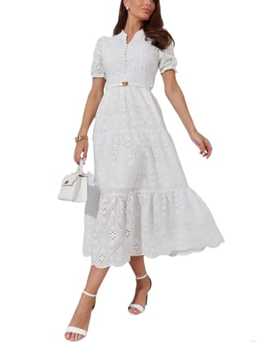 utcoco Womens Eyelet Lace Embroidered Dress Elegant V Neck Short Puff Sleeve Tiered A Line Midi Dresses (Medium, White)