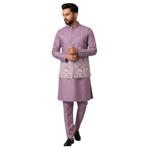 Trustous Men’s Kurta Pyjama Set with Embroidered Jacket.
