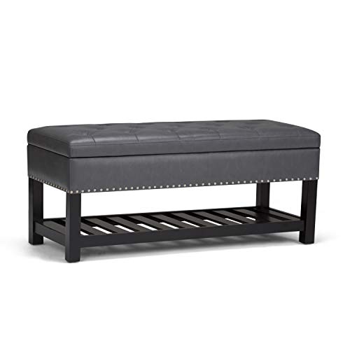 SIMPLIHOME Lomond 43 inch Wide Rectangle Storage Ottoman Bench with Open Bottom and Lift Top in Stone Grey Tufted Footrest Stool-, Faux Leather for Living Room, Bedroom, Transitional