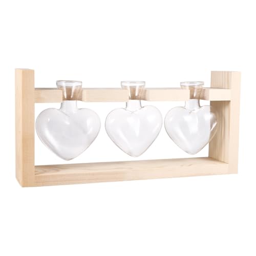 SHINEOFI 3 Piezas Floreros de Vidrio con Forma de Corazón con Macetero Hidropónico y Soporte de Madera Natural para Decoración Interior y Arreglos de Flores