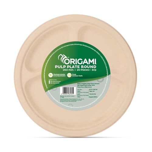 Origami 10 Inch Round Disposable Bagasse Paper Plates | EcoFriendly & Biodegradable Sugarcane Plates | Perfect for Parties, Picnics, and Festive Occasions - Pack of 20 Pcs