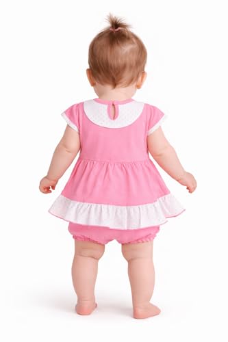 Image of Baby Girls Frock Dress with Bloomer Set | Short Sleeve Polka Dot Inner Layer & Bow Detail Special for 0-6 Months