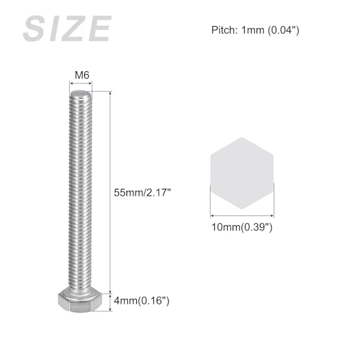 Image of METALLIXITY Hex Bolts (M6-1x55mm) 5Pcs, 304 Stainless Steel Coarse Fully Threaded Hex Head Screw Bolt Machine Screws - for Furniture Repair, Silver