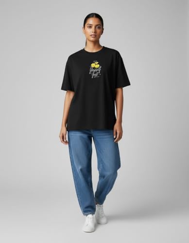 Image of Oversized Cotton T-Shirt for Women Half Sleeve - Love Yourself First Printed Tee - Breathable Loose Fit Motivational Casual Wear for College and Daily Outfits