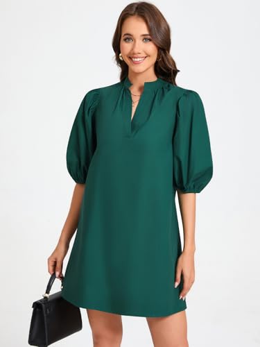Image of EZAPINE Women Babydoll Mini Dress Summer Casual Cotton V Neck Puff Lantern Sleeve Loose A Line Cute Dress
