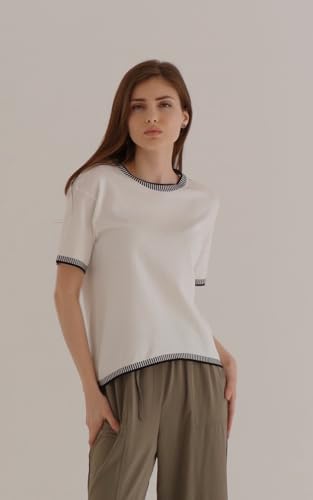 Image of Dokotoo Womens Sweaters Spring Tops Round Neck Striped Short Sleeve Hollow Out Knit Loose Pullover Sweaters White Medium
