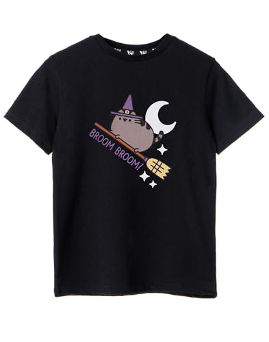 Pusheen Girls Schwarzes Kurzarm-T-Shirt | Besen Besen Halloween | Schnurrender Hexenspaß mit Pusheen Junge Fans - 11-12 Jahre
