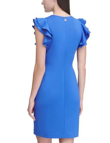Image of Tommy Hilfiger Women's Sleeveless Ruffle Hem Jewel Neck Crepe Sheath Mini Dress