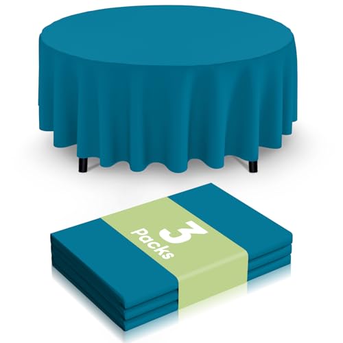 Image of Smiry Disposable Table Cloth 3 Pack, 84 Inch Round Waterproof Plastic Tablecloth, Decorative Round Table Covers for Party, Birthday, Picnic, Aqua