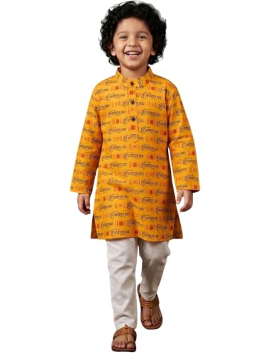 Image of AJ DEZINES Boys Cotton Full Sleeve Letter Printed Kurta Pajama Set for Kids - Ethnic wear | Special Occasion & Traditional Outfit |Boys Kurta Set - Regular Fit