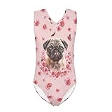 INSTANTARTS Pugs Cute One Piece Swimsuit for Girls Flower Print Sleeveless V Neck Athletic Gymnastic Leotard Beach Swimming Swimwear