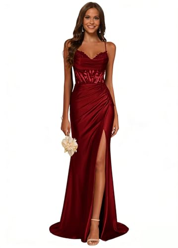 JAEDEN Spitze Satin Ballkleider mit Schlitz Damen Meerjungfrau Abiballkleider Spaghettiträger Abschlusskleider Wein Rot 34