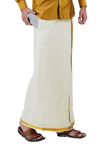 Image of PRAKASAM COTTON Mens White Premium Flexi Size Welcro pocket Dhoti (SS JARI-WHITE)