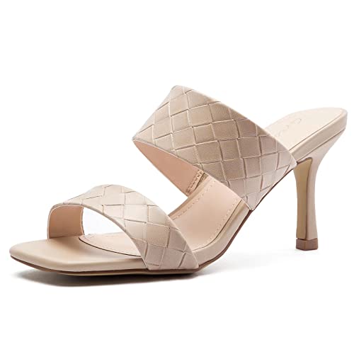 Greatonu Women's Nude High Heels Square Open Toe Double Braid Strap Slip On Stilettos Kitten Heeled Sandals Size 9