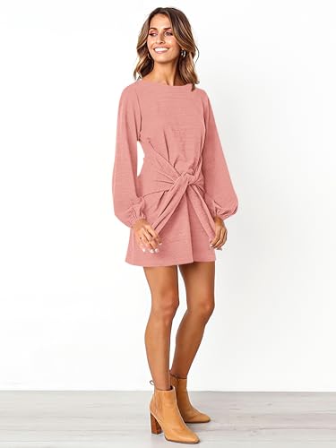 Image of PRETTYGARDEN Womens Spring Elegant Long Lantern Sleeve Short Dress Wedding Guest Crewneck Tie Waist Knit Cocktail Dresses