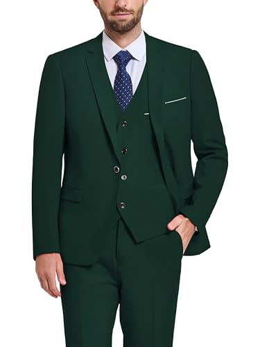 Hihawk Men's 3 Piece Suit Set with Tie, One Button Solid Slim Fit Jacket Vest & Pants, Suits for Mens Wedding Party Business, Deep Green Large