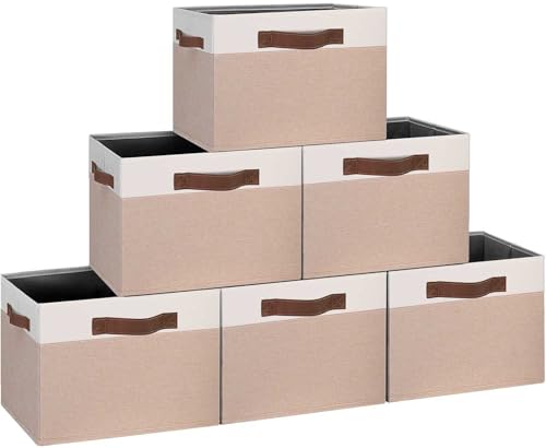 GhvyenntteS Large Fabric Storage Bins 6 Pack, 15x11x9.6 Inch Storage Baskets for Shelves, Foldable Closet Storage Bins for Shelves, Closet Organizers and Storage Boxes, Beige Yellow&White