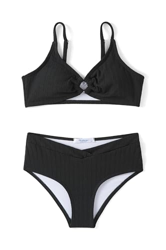 Arshiner Mädchen Bikini Set Gerippter Kinder Bustier & Bikinislip Set Sommer Zweiteiliger Badeanzüge Strand Surf Einfarbige Bademode für Mädchen 11-12 Jahre Schwarz