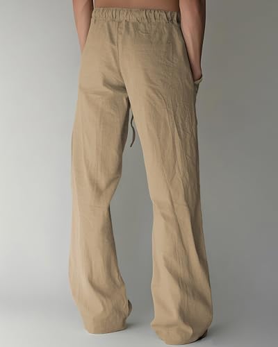 Image of PIDOGYM Mens Cotton Linen Pants, Summer Beach Pants Casual Loose Fit with Elastic Waist Drawstring