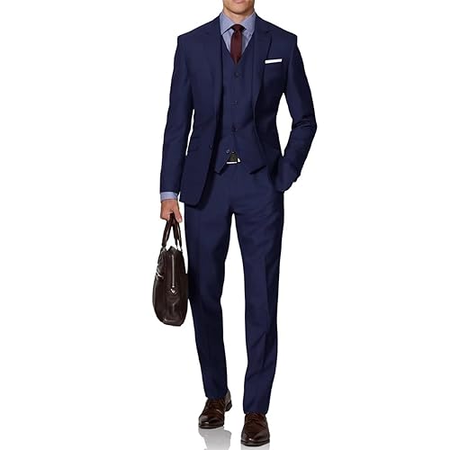 Image of Mens Suit Solid Two Button Slim Fit Suit Set for Wedding Formal Business Suit Men 3 Piece Suit Blazer Vest Pants Set