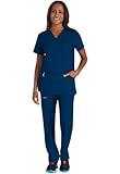 Cherokee Scrub Set For Women Modern Classic Fit 3 Pockets V-Neck Top WW620 with 5 Pockets Moderate Flare Leg Pant WW120, Navy- M Top/M Pant