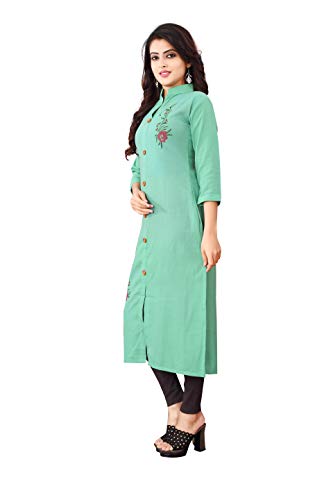 Image of OM SAI LATEST CREATION Slub-Rayon Three-Fourth Sleeve Printed A-Line Kurti for Women