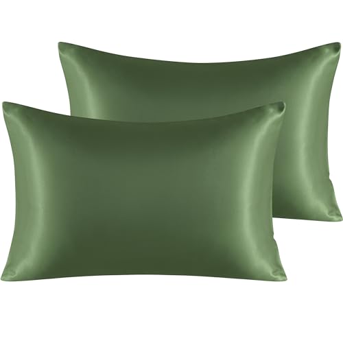 NTBAY 2 Pack Satin Standard Pillowcases for Hair and Skin Luxurious and Silky Pillow Cases with Envelope Closure 20x26 Inches Olive Green