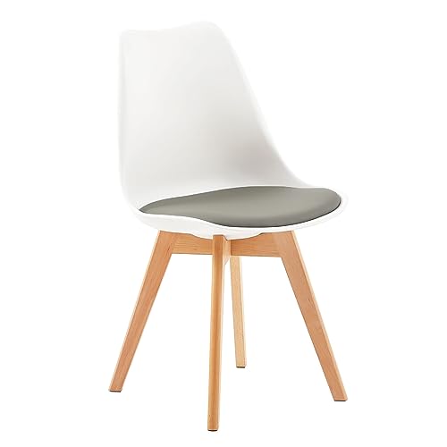 EGGREE 4er Set Esszimmerstühle mit Massivholz Buche Bein SGS Geprüfter, Skandinavisch Design Gepolsterter aus PU-Leder Küchenstuhl Essstühle, Weiß & Grau