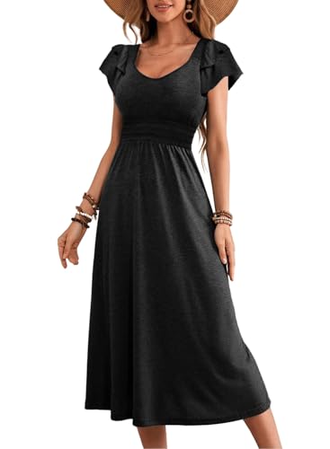 Image of Dokotoo Women's Ruffle Short Sleeve High Waisted Midi Dress 2025 Spring Summer Casual Crewneck A-Line Dress