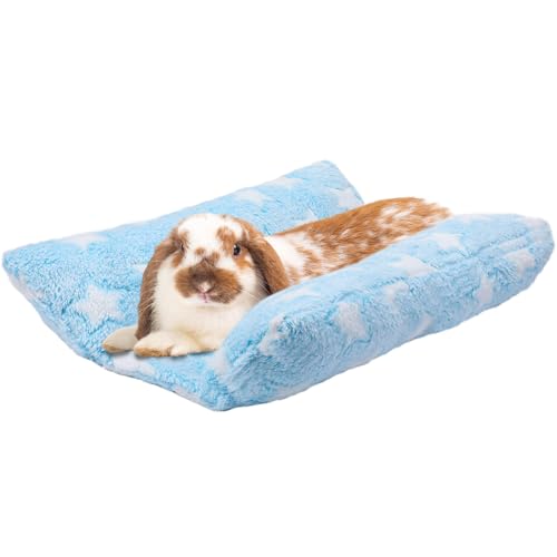 MEWTOGO 15.7 x 14In Rabbit Bed - Thickened Soft Bunny Concave Bed, Cuddle Cushion Plush Mat with Cotton Lounger Pillows for Cage Sleeping Indoor Bunny Gifts, Light Blue-Star