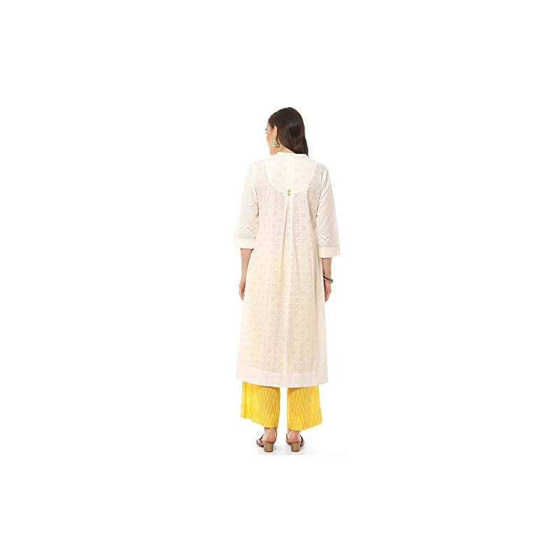 BIBA Women's White and Yellow Cotton A - Line Kurta Cropped Palazzo Suit Set - Image 5