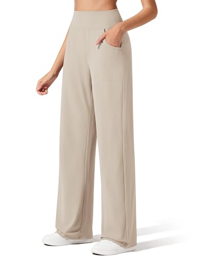 G4Free Breathable Ribbed Wide Leg Yoga Pants Women High Waist Lightweight Casual Trousers with Pockets