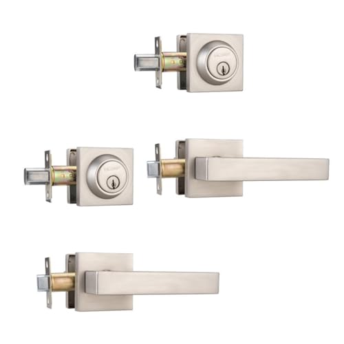 NCSEN Lot de 2 serrures de porte extérieures carrées robustes avec pêne dormant, serrures de porte en nickel satiné pour porte d'entrée et chambre à coucher, poignée de porte d'entrée et ensemble de