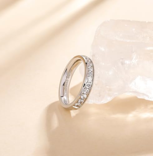 TIGRADE 3.5mm Engagement Ring Half Cubic Zirconia Stainless Steel Eternity Wedding Band for Women Size 3-12.53