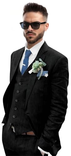 Linen Suits for Men Slim Business Leisure 3 Pieces Wedding Tuxedo Grooms Blazer Vest Pants One Button Single Breasted Suits3